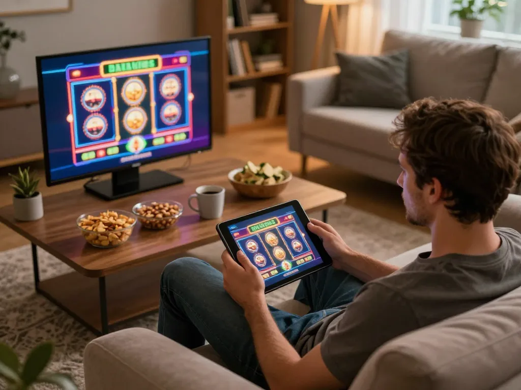 Engaging in online casino games with okfun platform, cozy home setting showcasing vibrant slot graphics