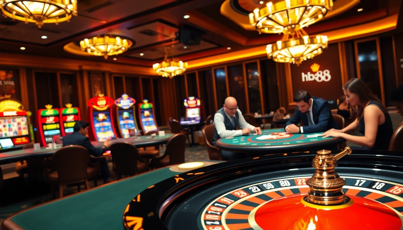 Experience the excitement of hb88 casino action with vibrant poker tables and spinning roulette.