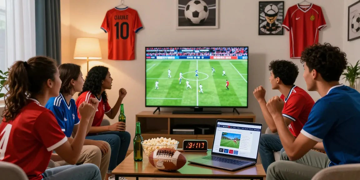 Friends enjoying a lively football match on CakhiaTV, surrounded by snacks and excitement.