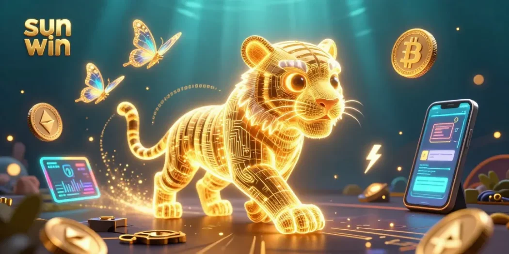 Experience the thrill of sun win with a vibrant 3D digital casino scene, featuring a golden tiger and cryptocurrencies.