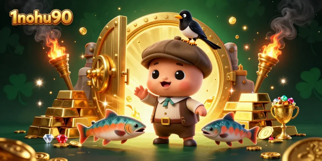 Experience thrilling slots at 1nohu90 with gold treasures and playful characters in this vibrant scene.