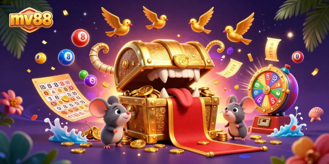Spin to win with mv88's vibrant casino adventure, featuring lottery balls and a treasure-filled chest!