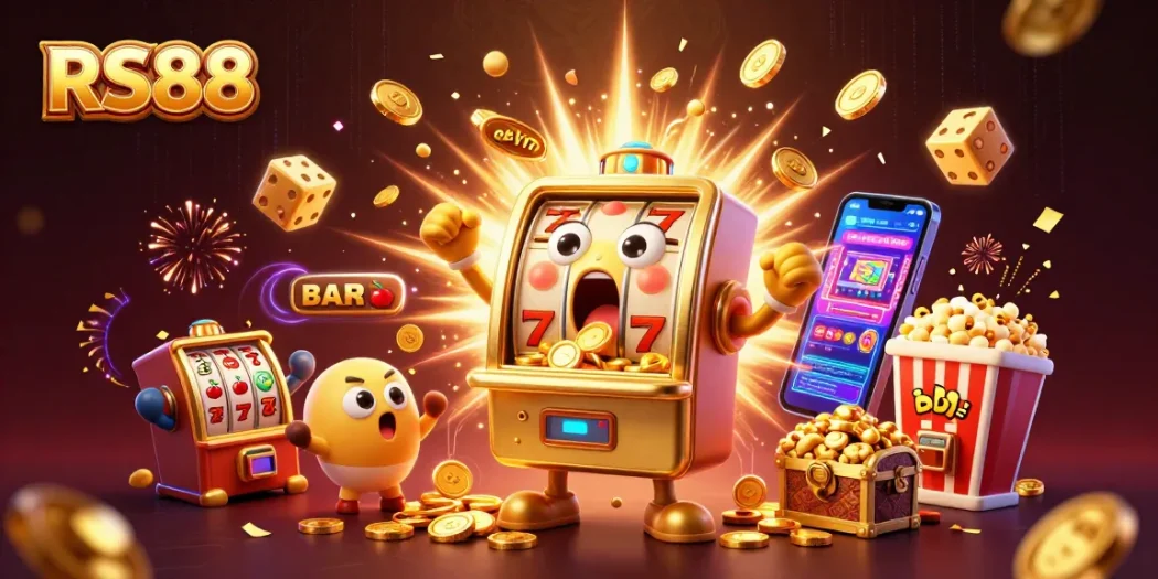 RS88 slot machine hits jackpot with coins pouring, dynamic casino excitement