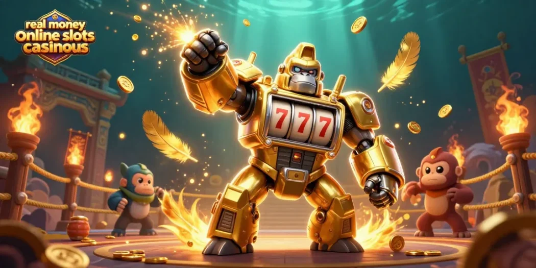 Experience wins with real money online slots casinous illustrated in a vibrant, dynamic gaming scene.